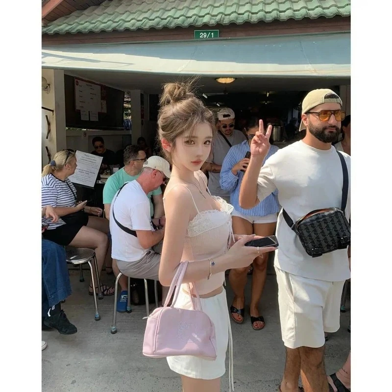 夏季新款显瘦蕾丝花边拼接背心吊带女纯欲辣妹带胸垫感无袖上衣