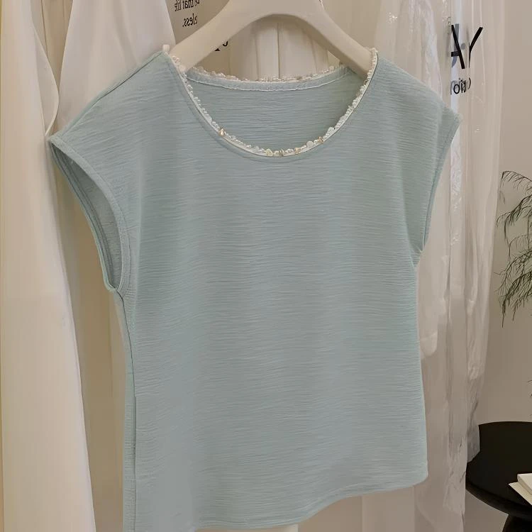 绿色珍珠领短袖t恤女夏季2025新款韩系薄款圆领修身别致正肩上衣