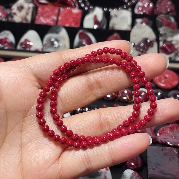 天然辰砂压晶小米珠手链4mm13克