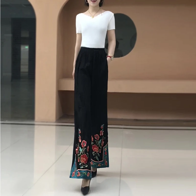 2025年夏季薄款新中式阔腿裤长裤松紧腰直筒裤民族风刺绣休闲裤女