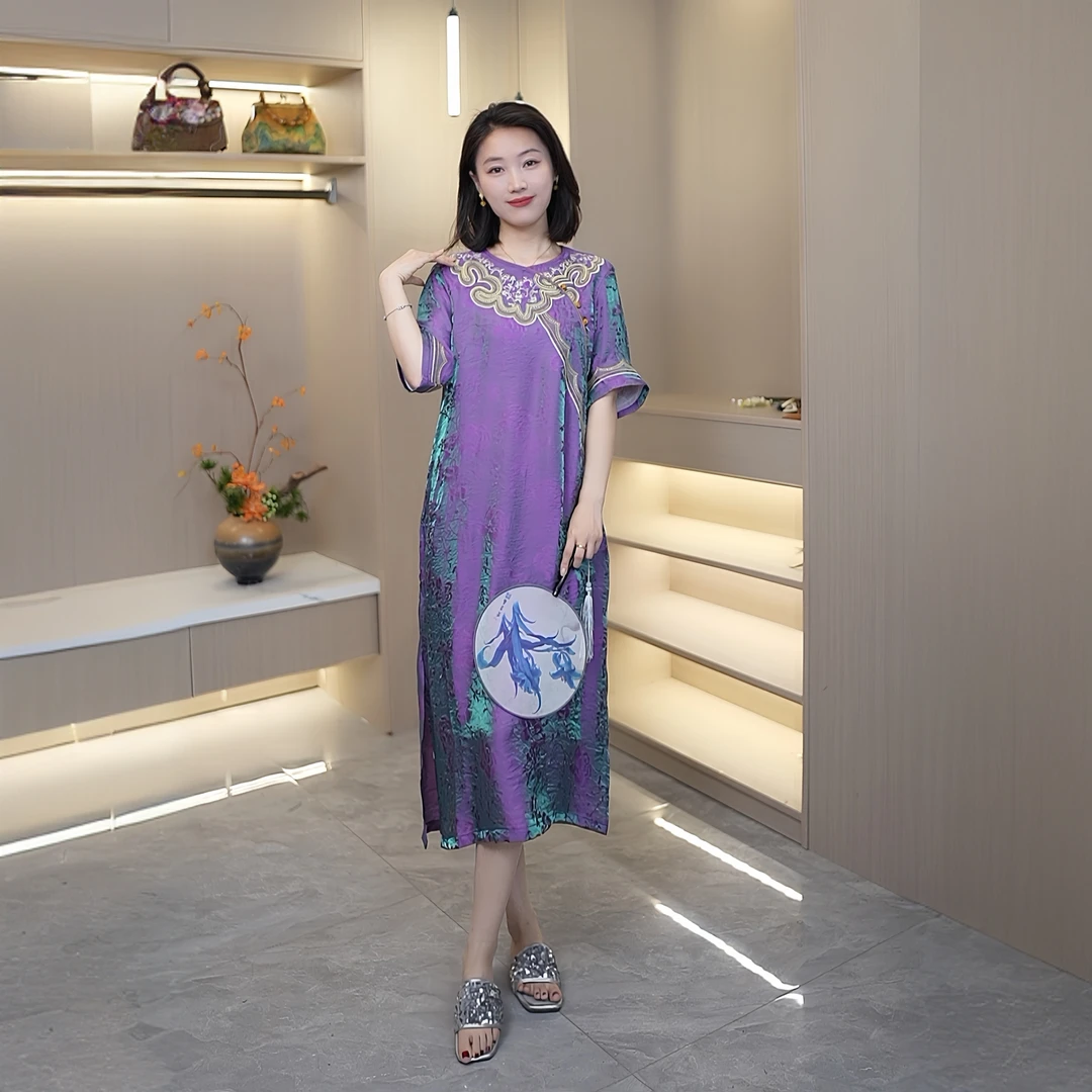 紫气东来新中式新款百搭不褪色短袖绫罗提花连衣裙女中长款浮光锦