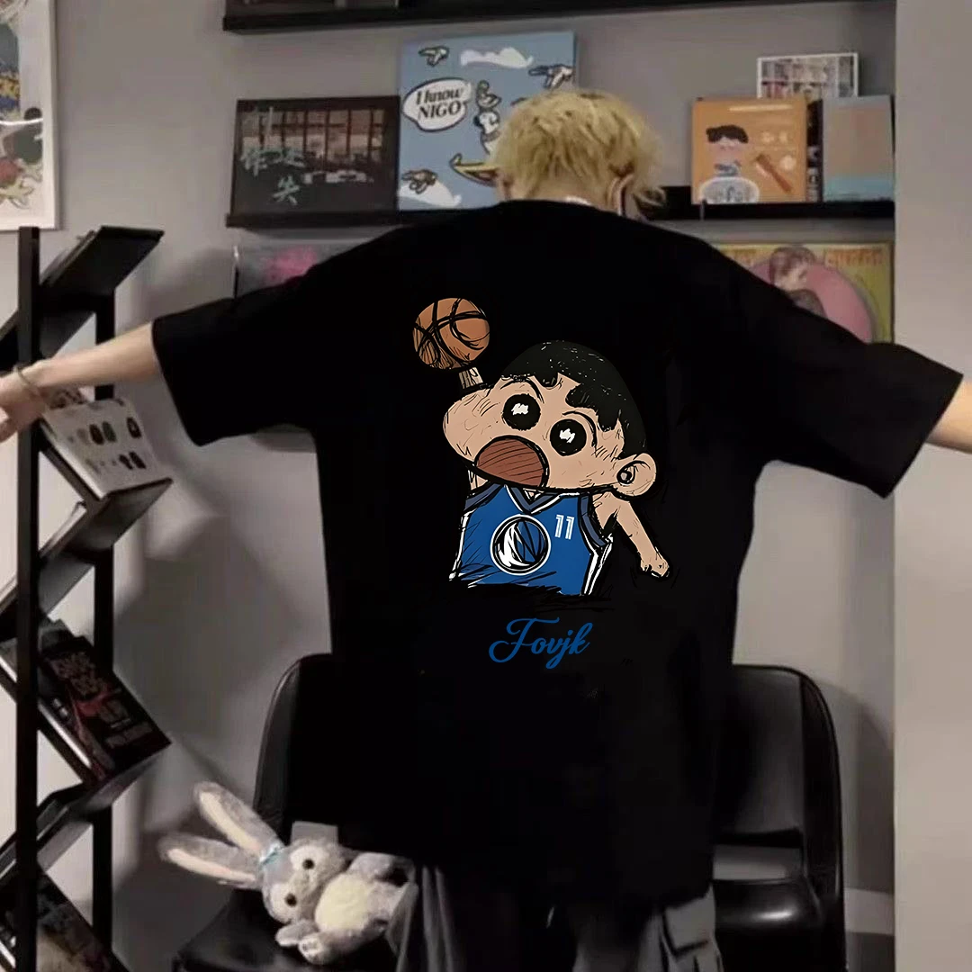 100%重磅潮牌美式卡通小新印花新品宽松T恤圆领慵懒风情侣上衣i