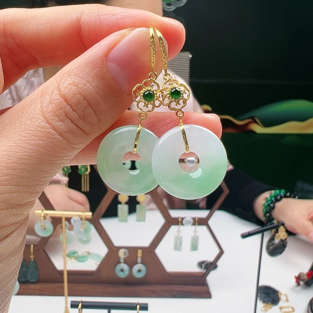 翡翠耳饰18K金镶嵌天然翡翠