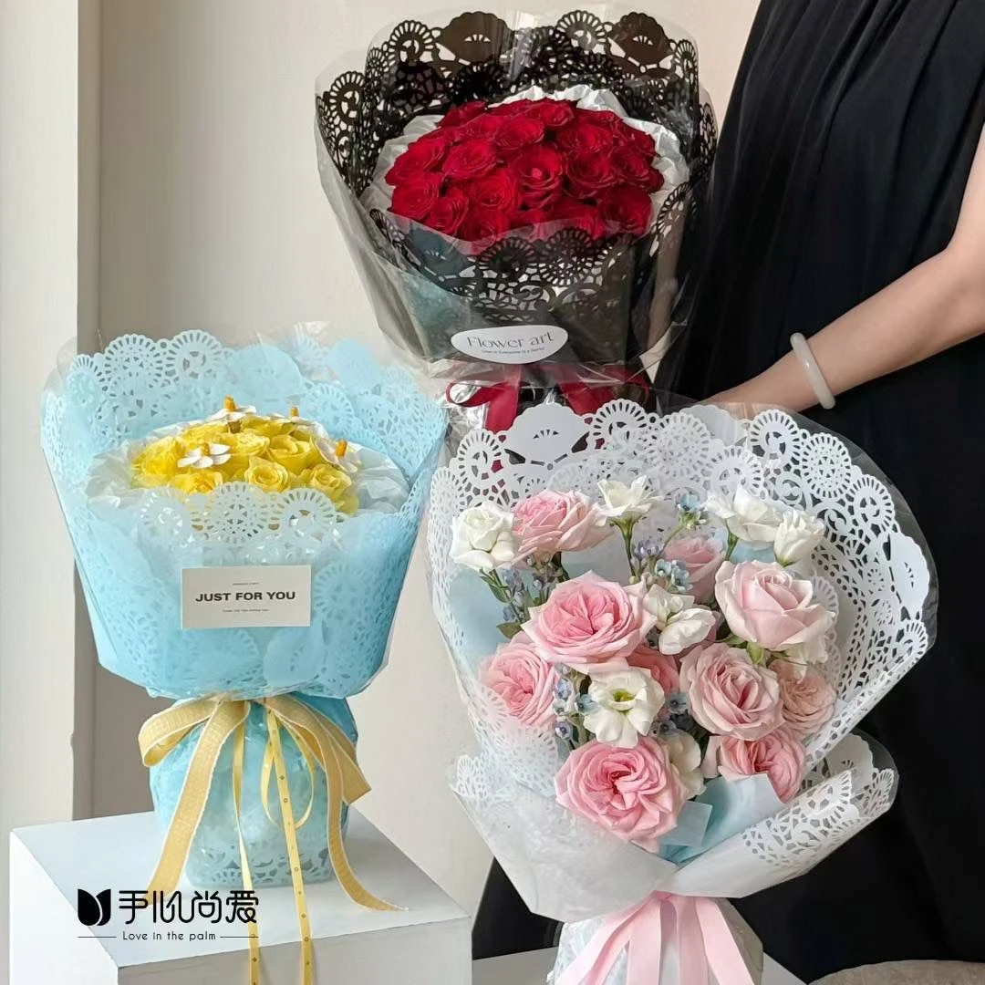 七夕情人节海盐芝士方形立体花束花边花纸圆形鲜花防水包装纸花店