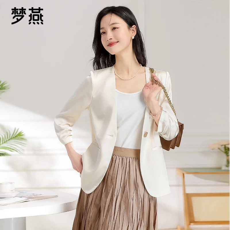 梦燕春秋季女短款纯色气质薄款V领上衣时尚休闲西装外套AA05B5001