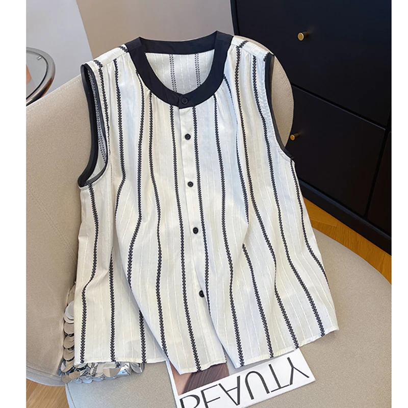 高级感无袖条纹衬衫女夏季2025新款宽松休闲外穿气质背心洋气小衫