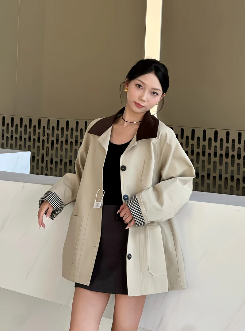 秋季短款风衣女撞色领百搭显瘦韩系外套2025新款