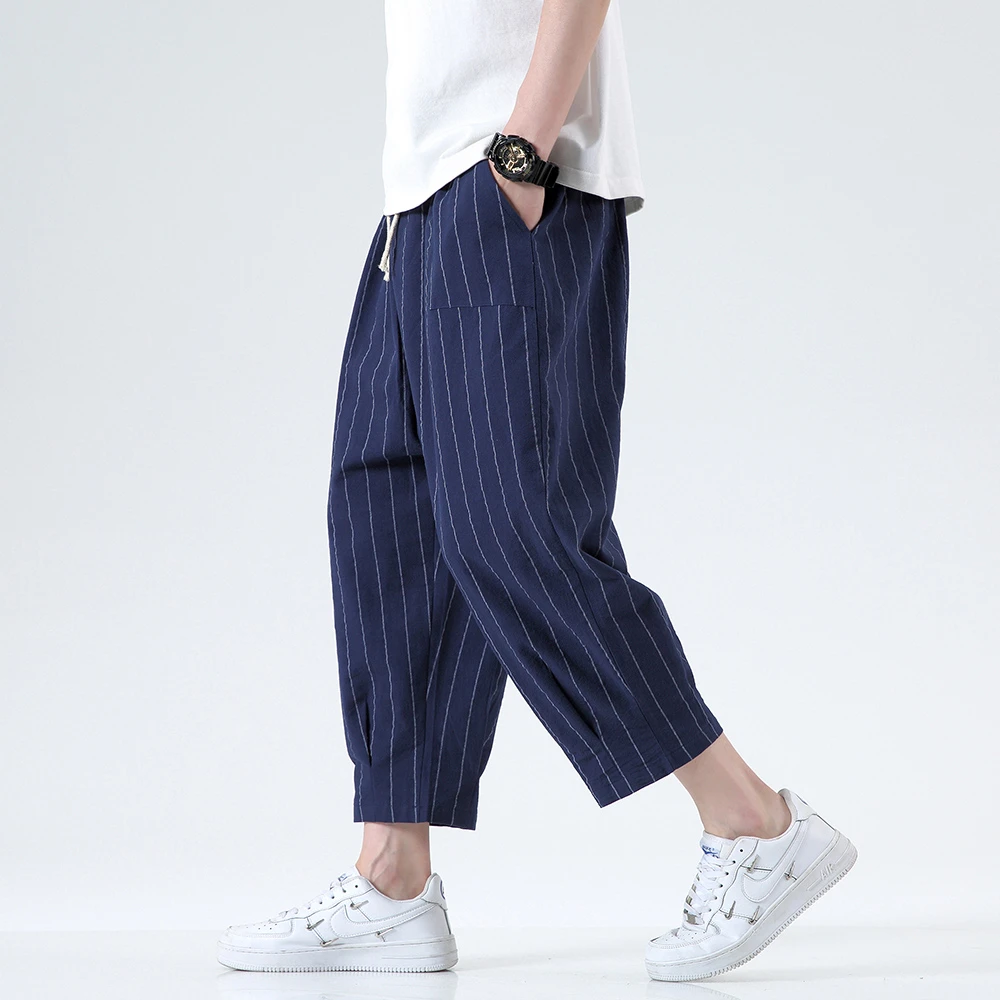 夏季薄棉麻男士宽松阔腿条纹九分萝卜裤潮流中国风亚麻哈伦休闲裤
