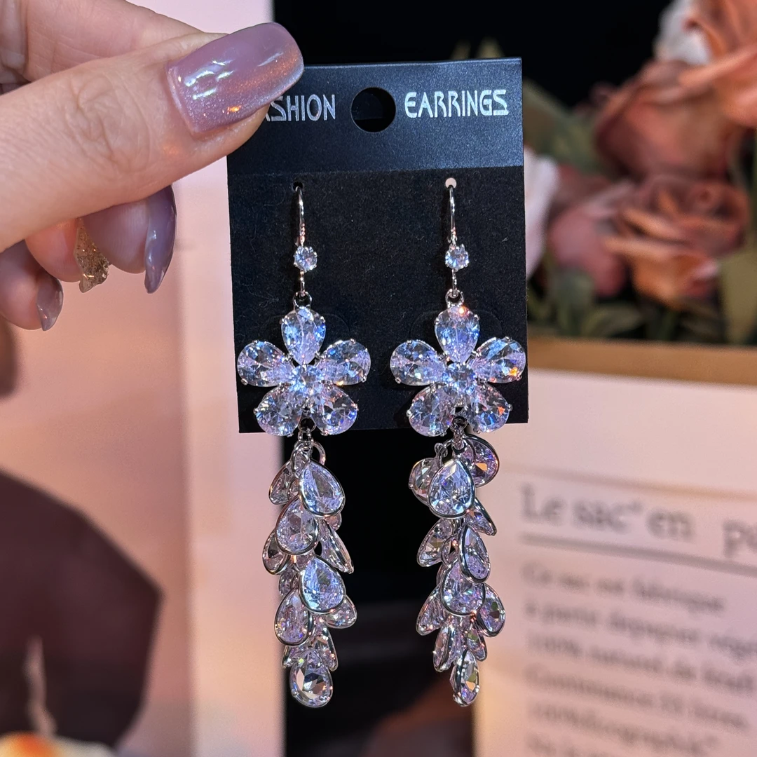铜合金耳饰 涵易】超闪锆石花朵长款流苏耳环气质轻奢时尚超仙耳钩