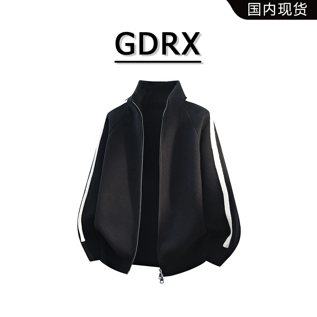 GDRX潮牌条纹拼接针织男毛衣秋季户外运动风开衫上衣外套轻奢男装
