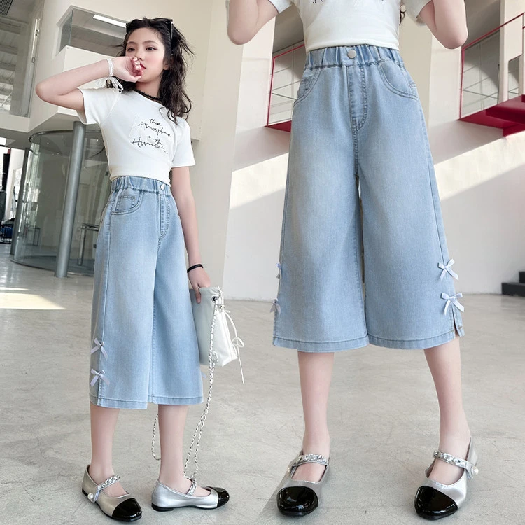 女童夏季2025新款大童夏装六七分裤儿童薄款牛仔中裤外穿洋气