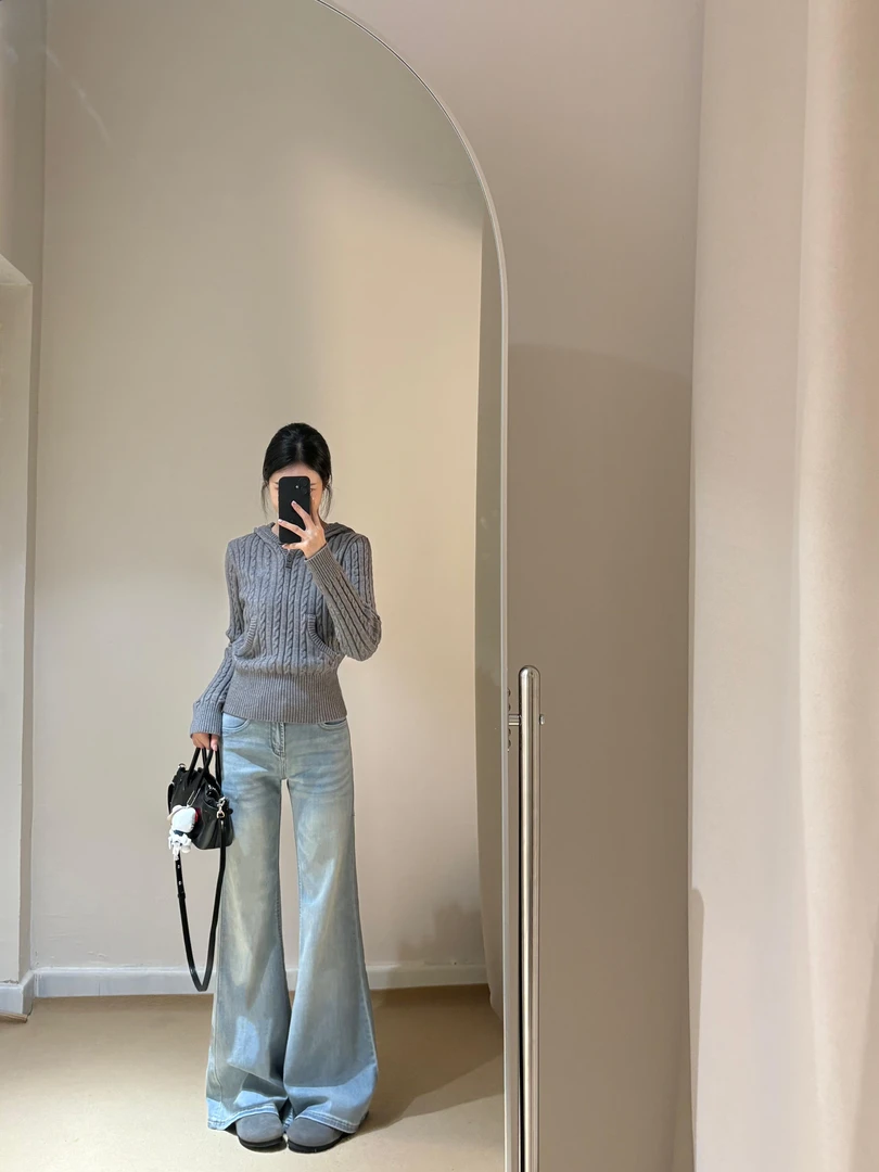 【简约宣言】秋季连帽针织复古风纯色毛针织衫短款上衣牛仔裤套装