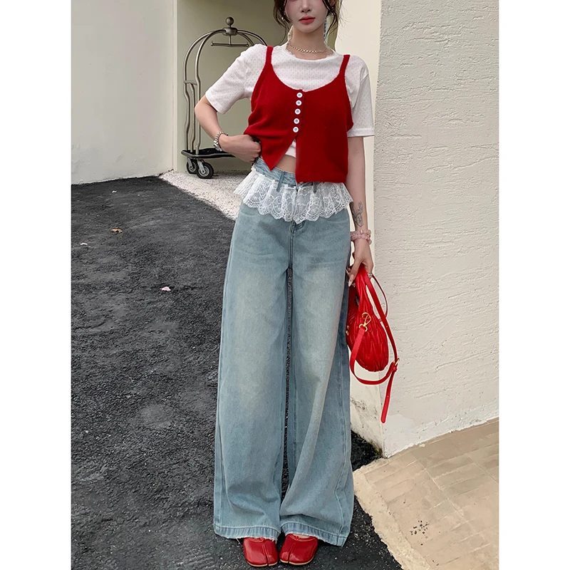 芭蕾风蕾丝花边拼接阔腿牛仔裤女2025冬季新款高腰宽松拖地长裤