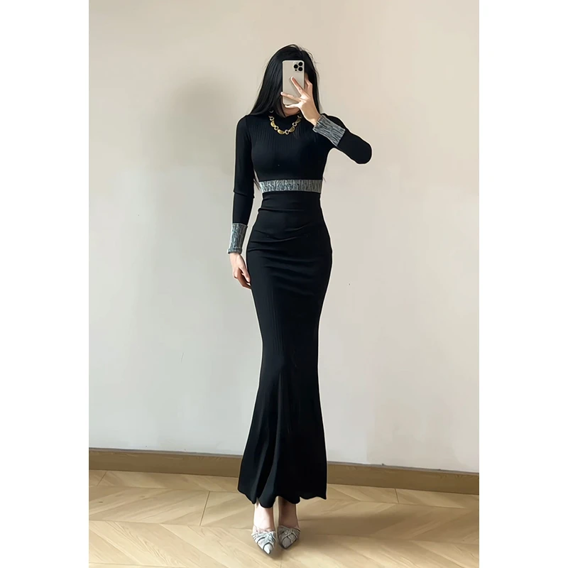 复古亮丝镶边长袖连衣裙女高街优雅名媛风修身显瘦大摆长裙240205