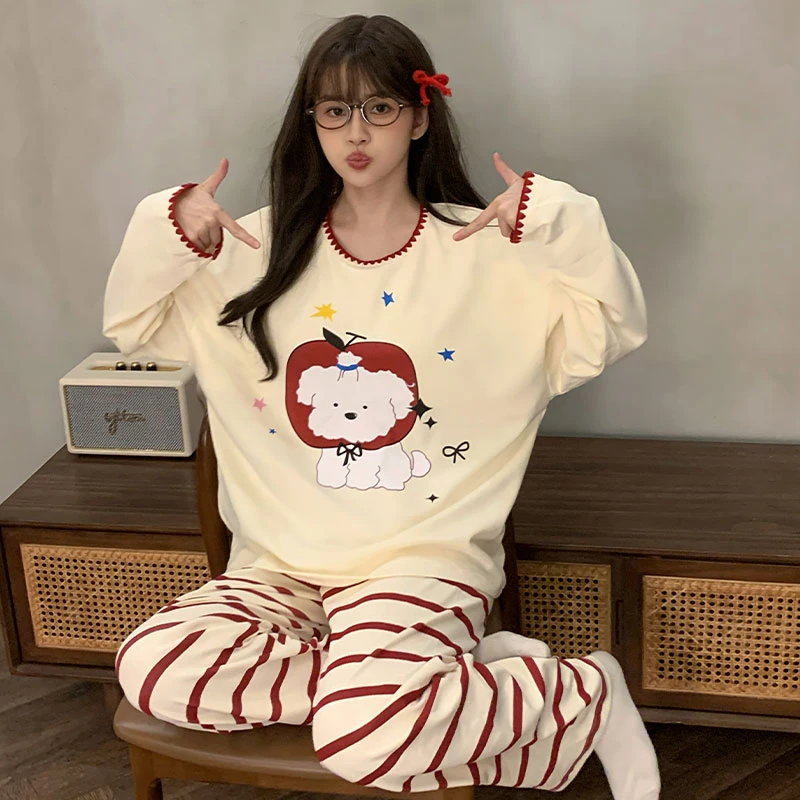 芯语婷春秋季新款苹果小狗睡衣女士带胸垫甜美卡通长袖家居服套装
