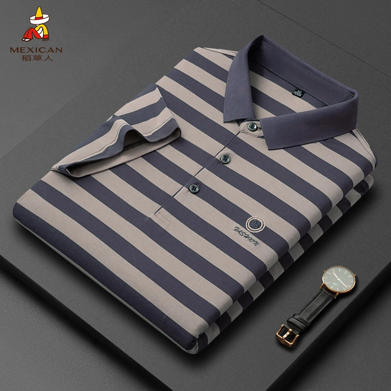 【贡缎冰丝】稻草人刺绣翻领POLO衫男士夏季短袖条纹T恤