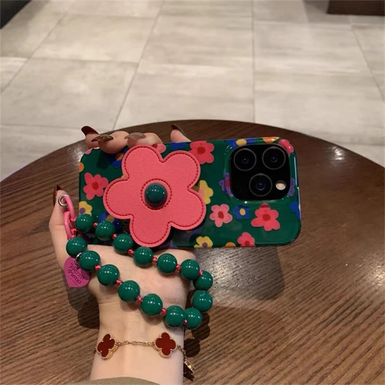 ins复古绿底小彩花支架适用iPhone16promax手机壳苹果15pro手链14