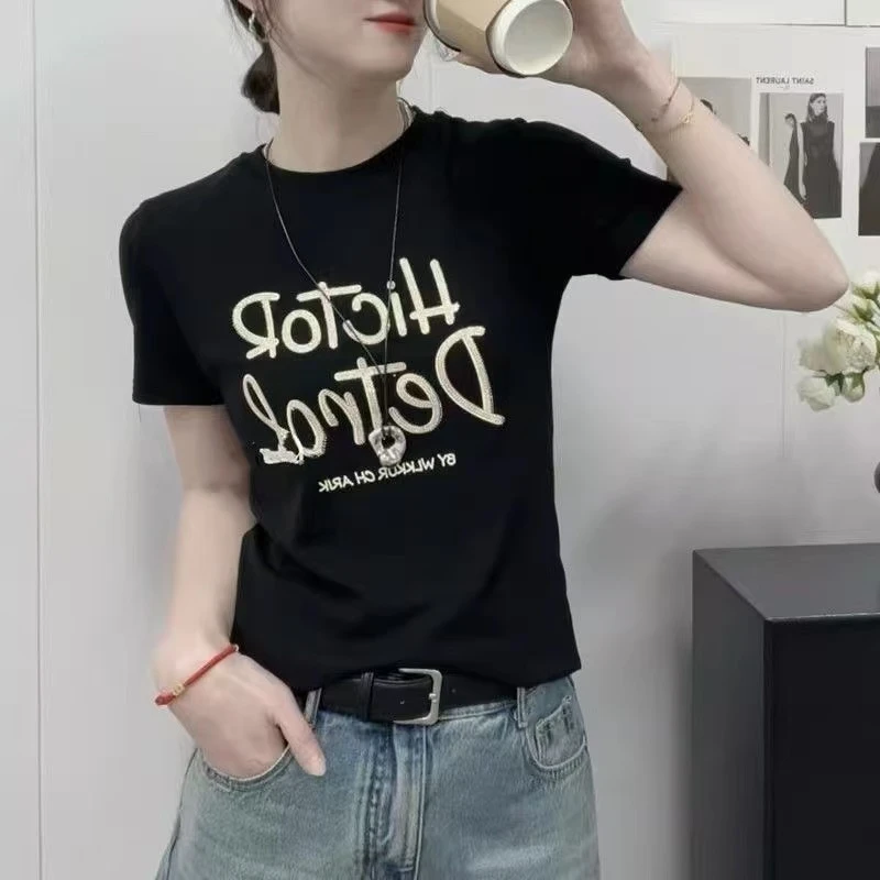 圆领时尚纯棉烫钻印花字母短袖