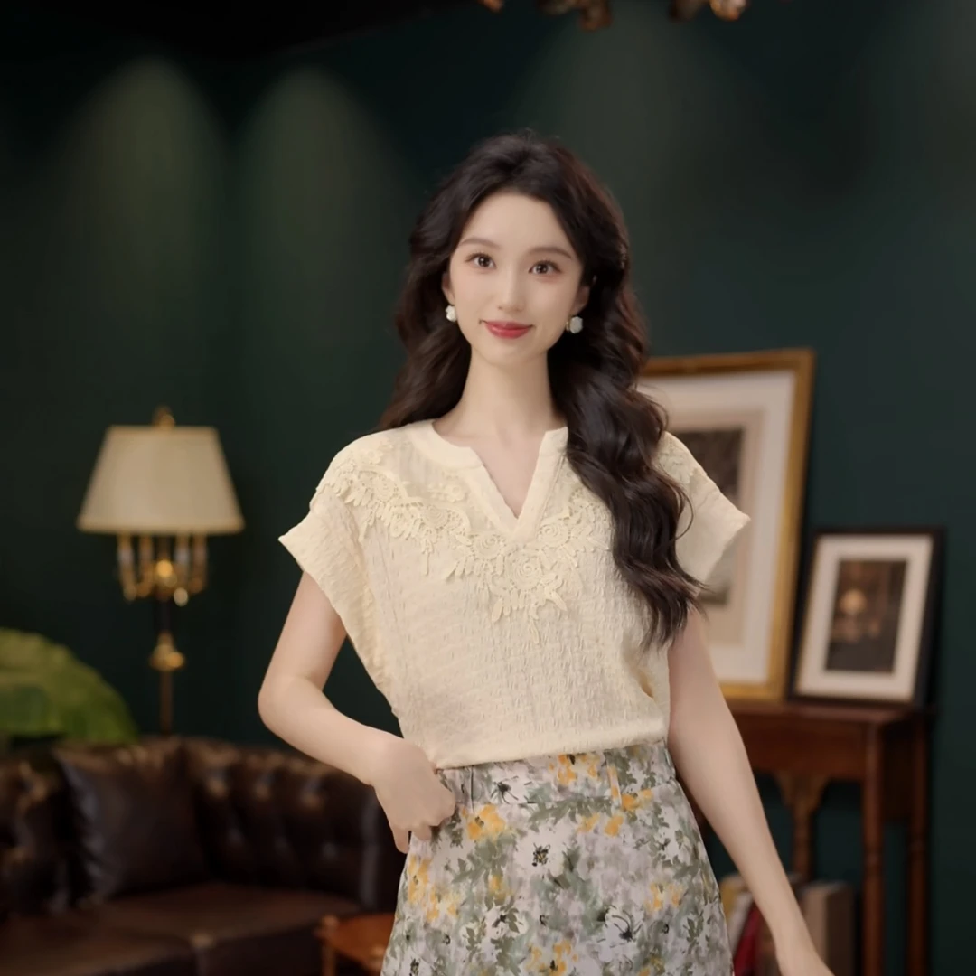 琦琦【绵蜜枫桃】复古小衫休闲百搭短袖女夏季上衣YF1102533