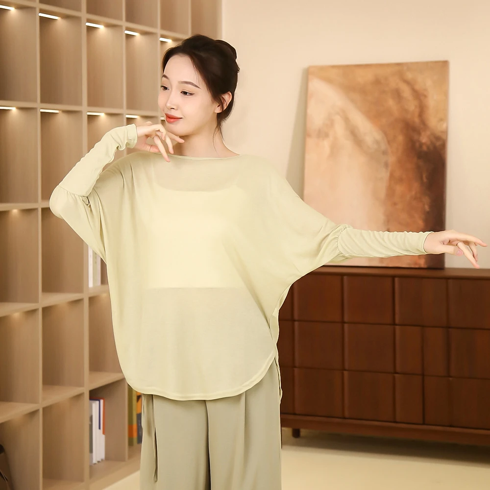 25003现代舞蹈练功服女新款宽松罗纹拼接长袖上衣休闲日常舞蹈服
