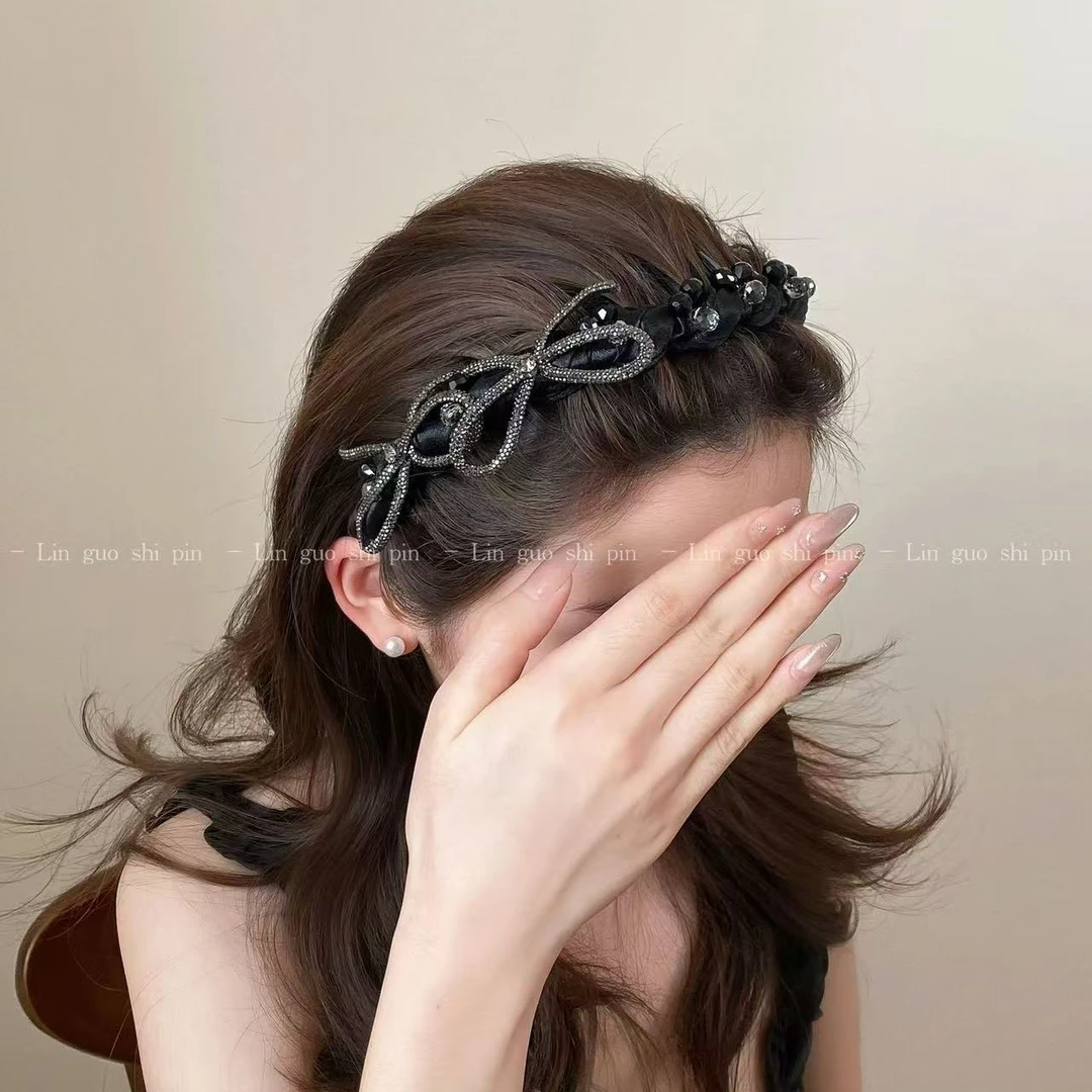 重工黑色蝴蝶结手工褶皱带齿细发箍女高级感时尚洋气头箍发饰