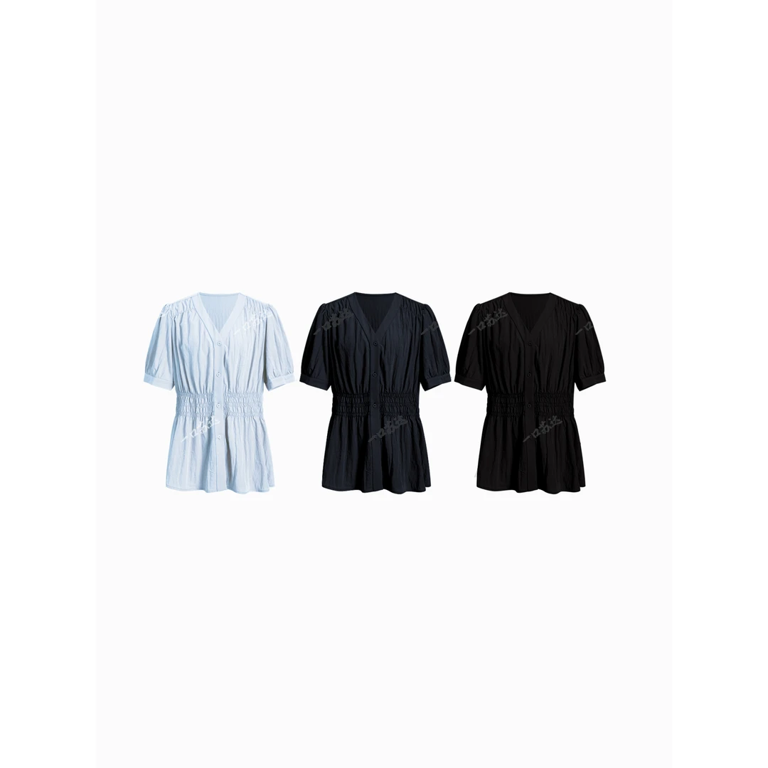 一口苏达收腰小衫 韩系ins多巴胺遮肉显瘦休闲系扣百搭短袖A20