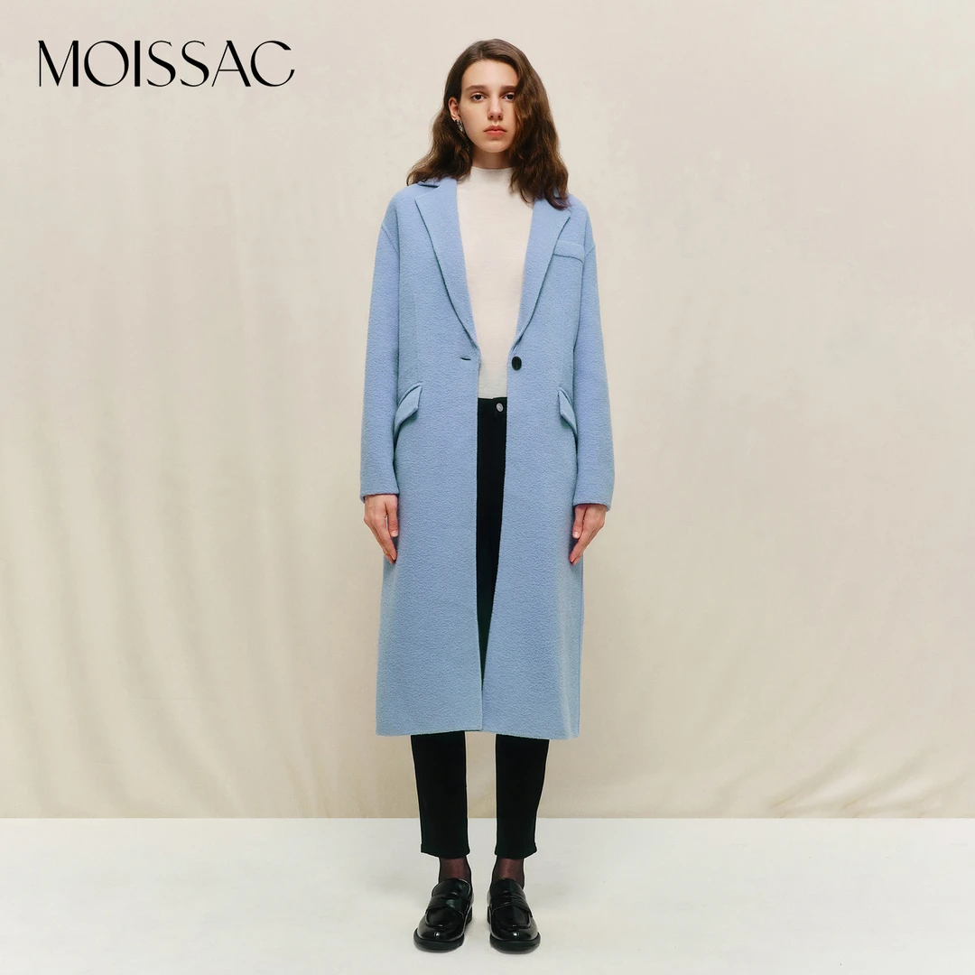 【蒋千金】商场同款 摩萨克冬法式浅蓝色温柔长款V领毛呢大衣女