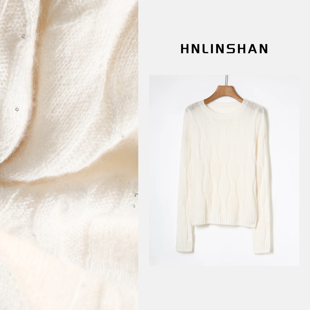 HNLINSH【糯青山】定纺珠片纱羊绒羊毛绞花针织衫BQZ3006