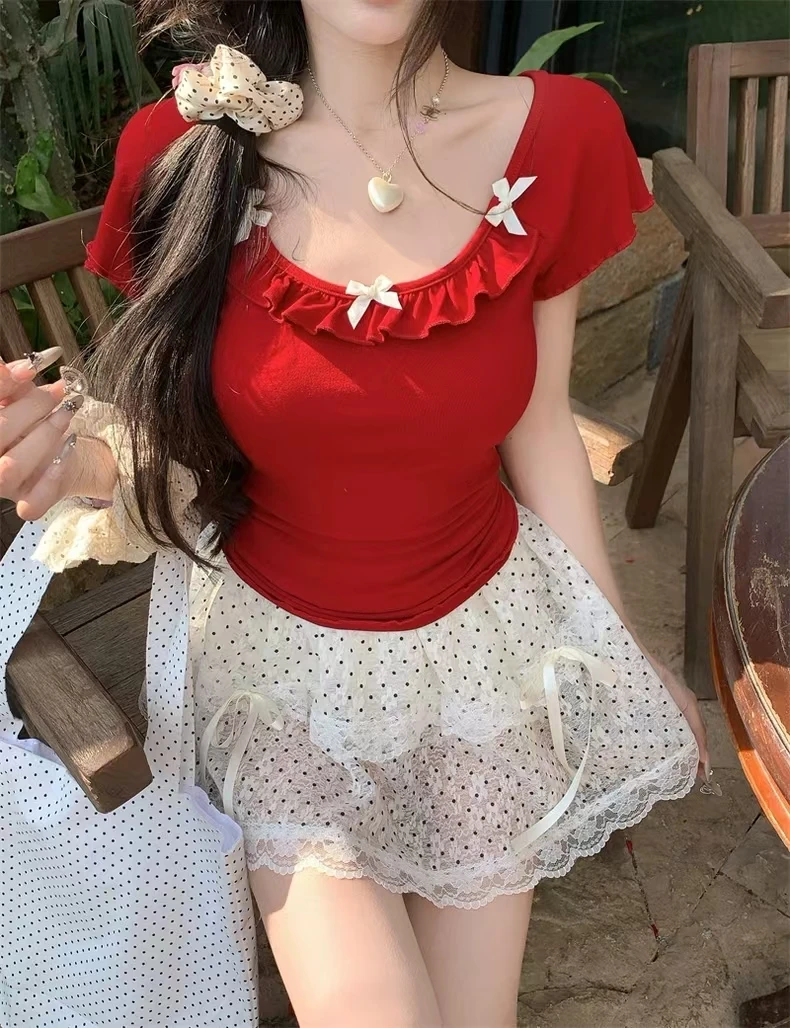 设计感蝴蝶结木耳边U领T恤女装2025夏季修身百搭辣妹修身短款上衣