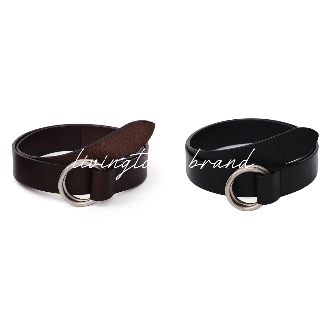 LIVINGTOWN百搭休闲复古无孔双环扣纯牛皮腰带男女基础双色皮带