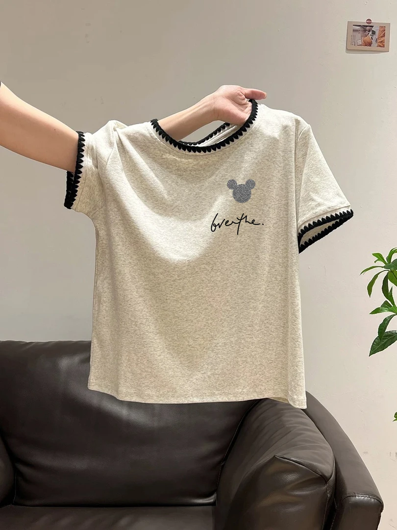 2025拼接T恤女夏季宽松显瘦上衣新款百搭花灰色字母印花圆领短袖