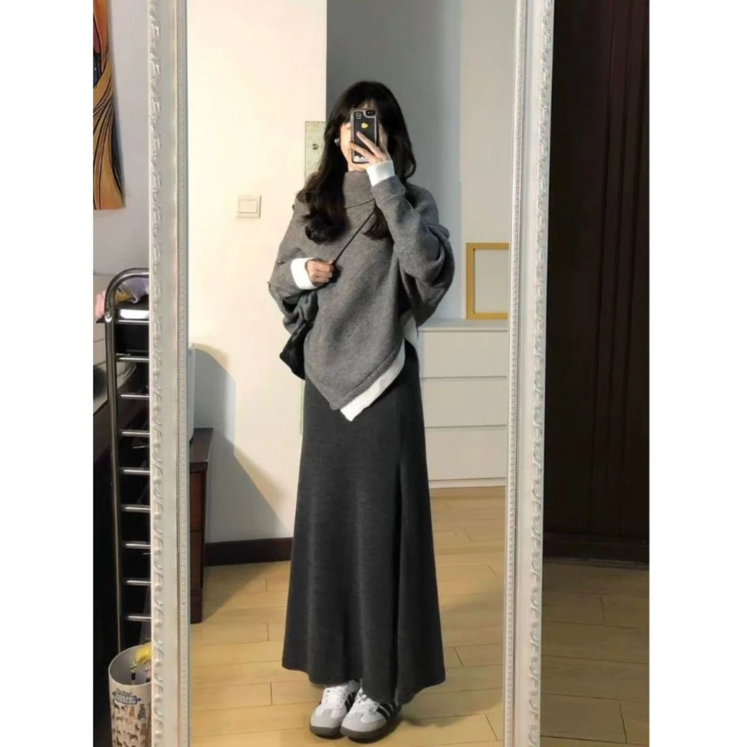 入冬穿搭一整套秋冬季女装高领不规则斗篷毛衣鱼尾半身裙子两件套