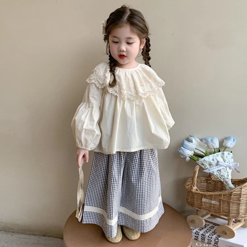 女童春秋季套装2025儿童韩系新款儿童花边领娃娃衫休闲裤两件套