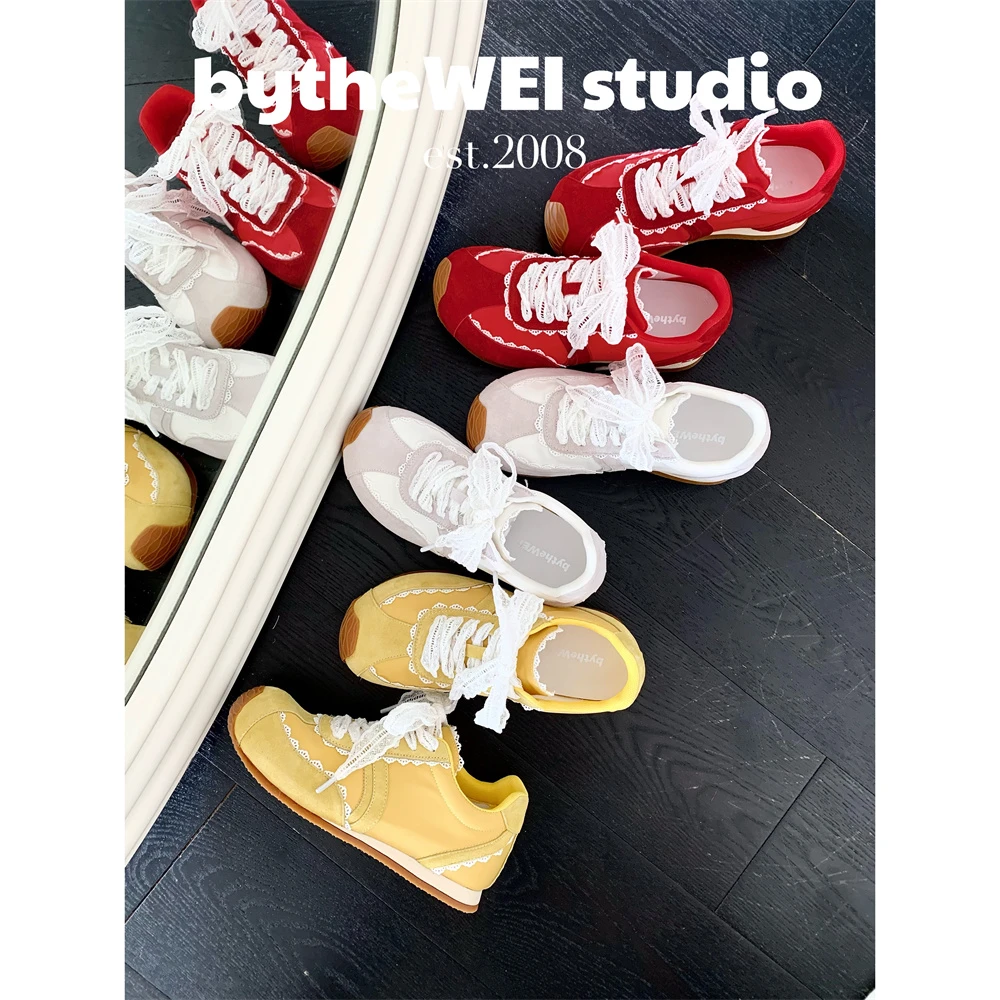 bytheWEI蕾丝德训内增高5cm真皮豌豆鞋头红色德训鞋女休闲鞋女
