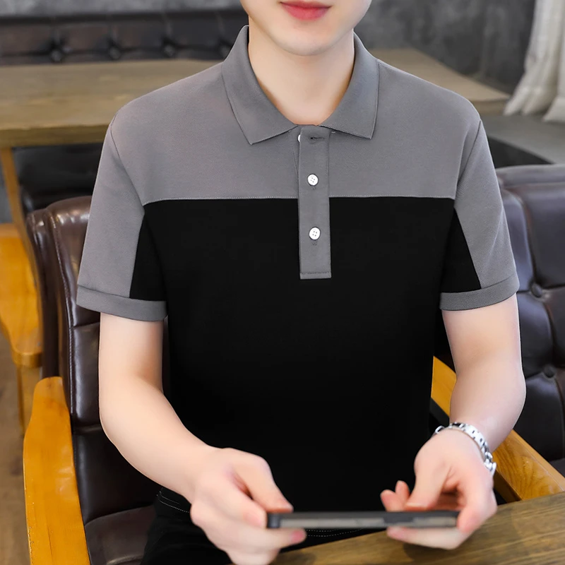 稻草人2025年夏季男短袖T恤翻领polo衫拼色ins休闲百搭商务半袖
