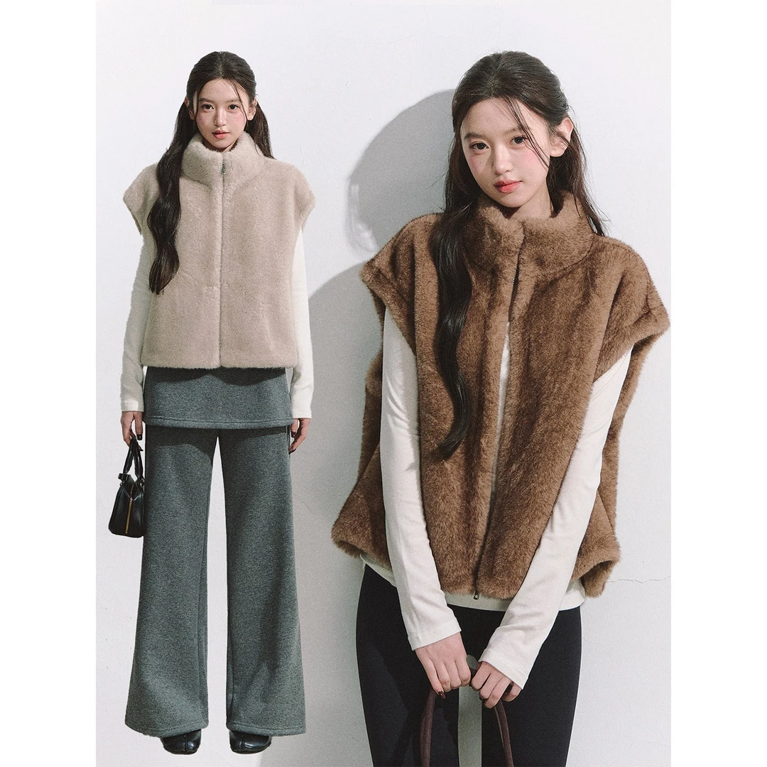 人造皮草 秋冬时髦环保毛毛立领宽松显瘦百搭马甲外套