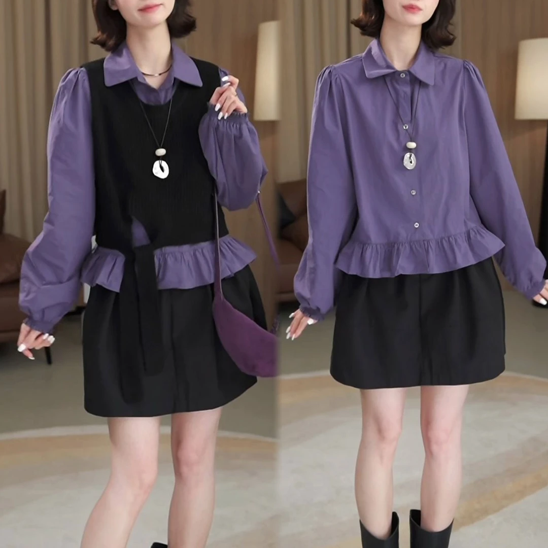 时尚设计感遮肉套装2025秋季POLO领长袖衬衫+绑带针织马甲两件套