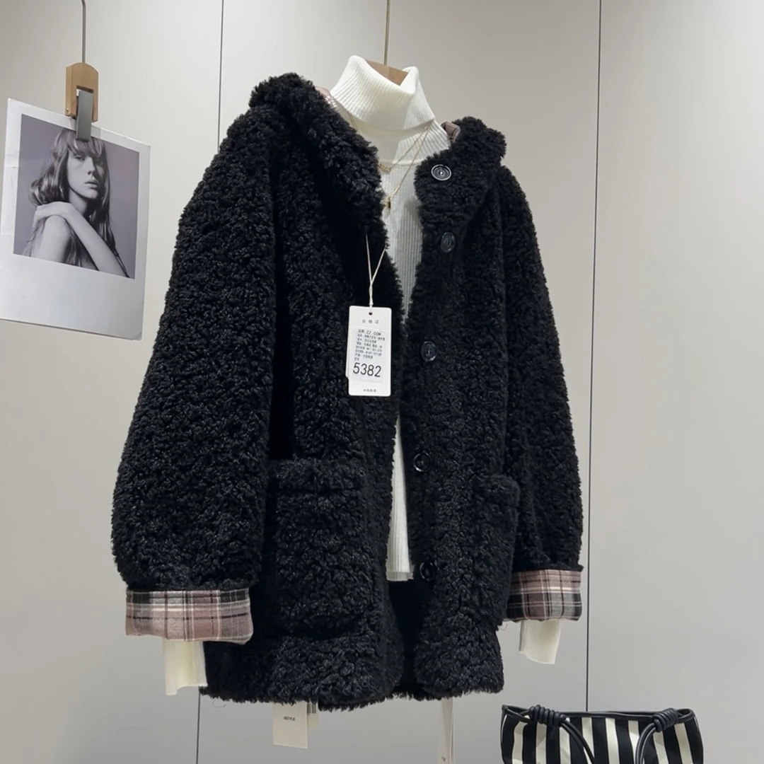 炒值！保暖不臃肿连帽圆扣拼色颗粒绒厚实款黑色仿羊羔毛时髦外套