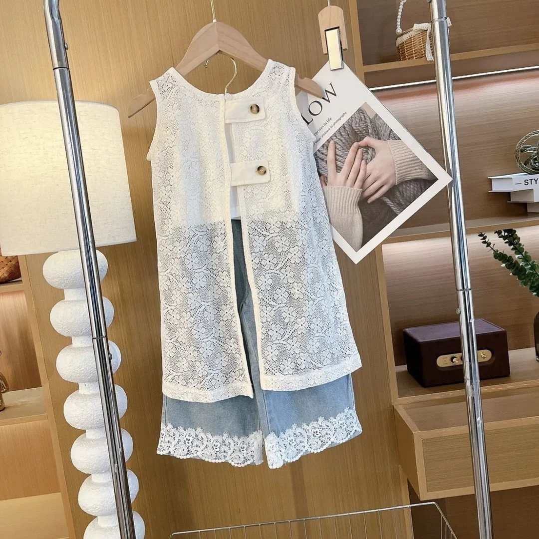 女童夏季新款套装韩系时尚爆款背心吊带洋气牛仔阔腿裤宽松三件套