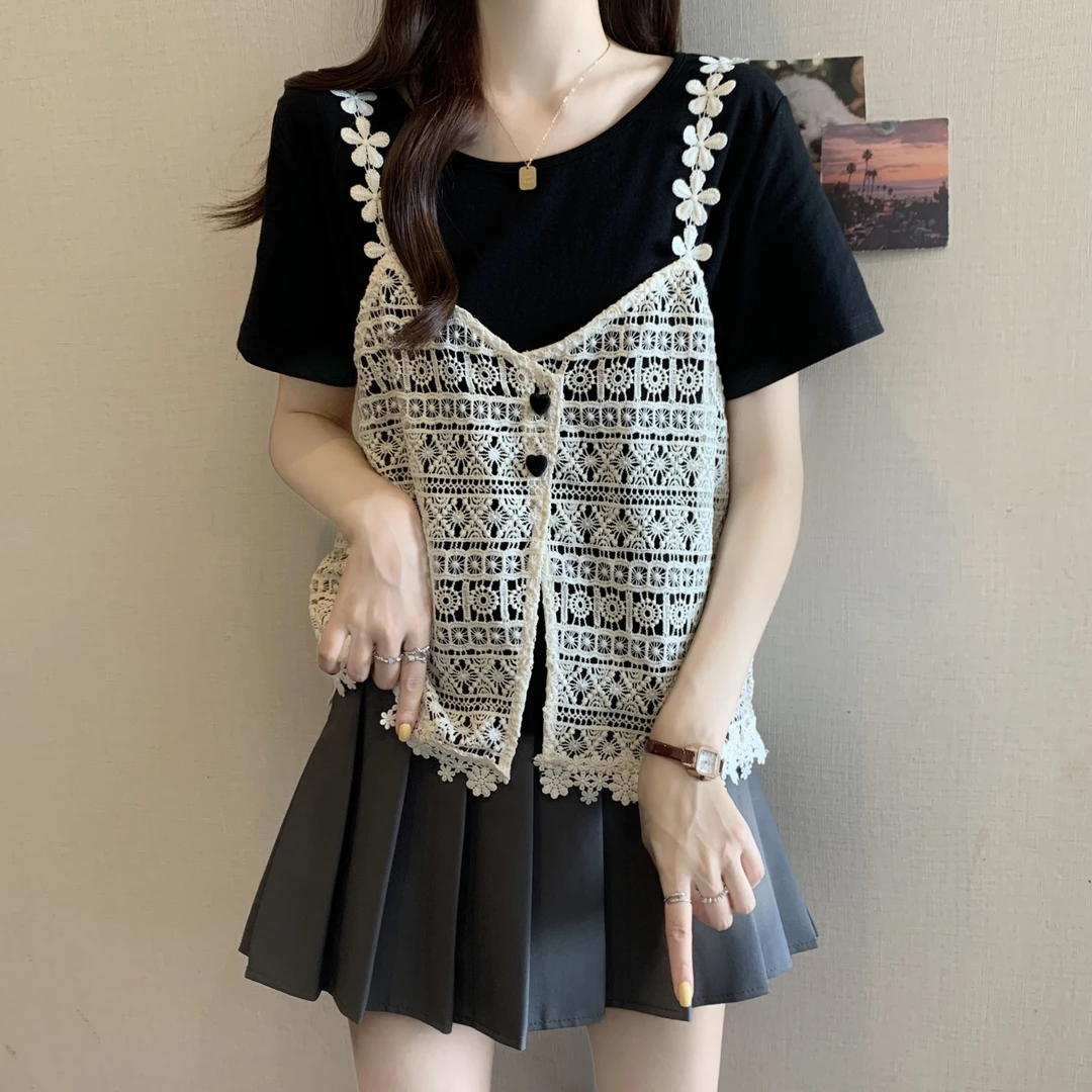 大码黑色假两件吊带拼接短袖T恤女夏季胖mm设计感巨显瘦藏肉上衣