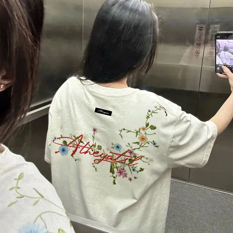 美式复古重工花卉刺绣短袖t恤女夏季新款潮牌设计感宽松纯棉体恤