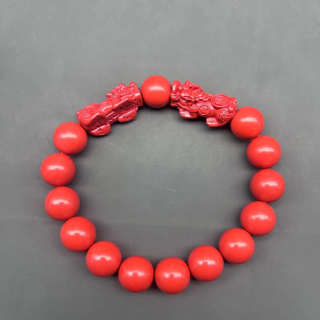 含辰砂工艺品HA130红色雕刻双皮丘带隔珠单圈手串12mm