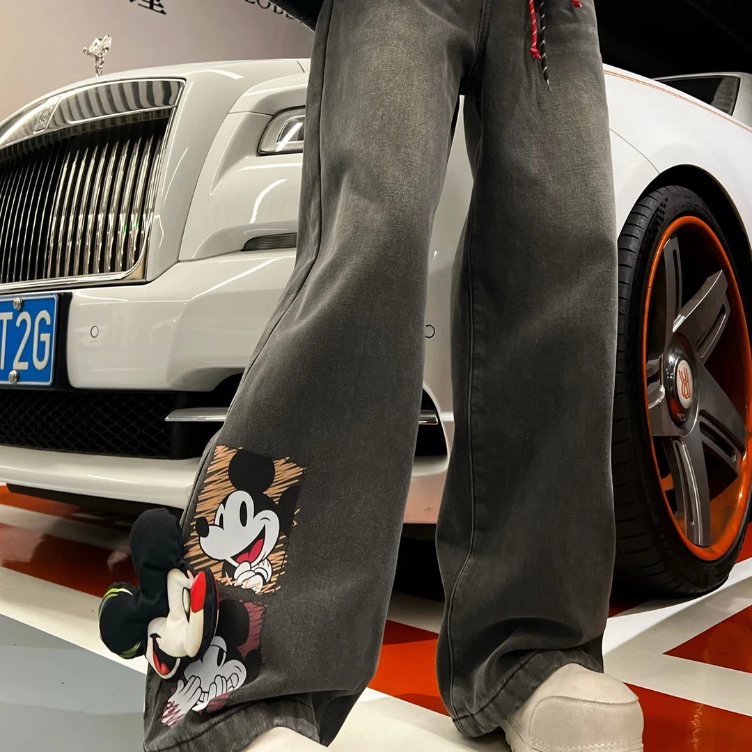 【艺艺推荐】冬季复古洗水可爱图案公仔加绒牛仔裤 S484