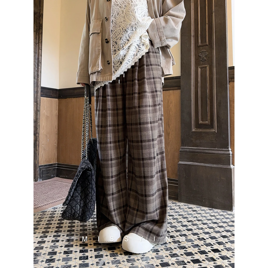 应小姐【秋果】微胖大码秋款显瘦设计外穿直筒宽松休闲百搭格子长裤