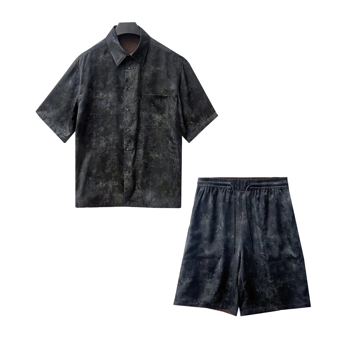 B2576-夏季男士桑蚕丝花萝透气凉爽套装