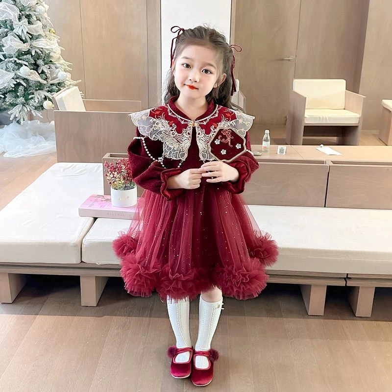 女童连衣裙加绒加厚秋冬季2024新款洋气儿童公主纱裙女宝宝拜年服
