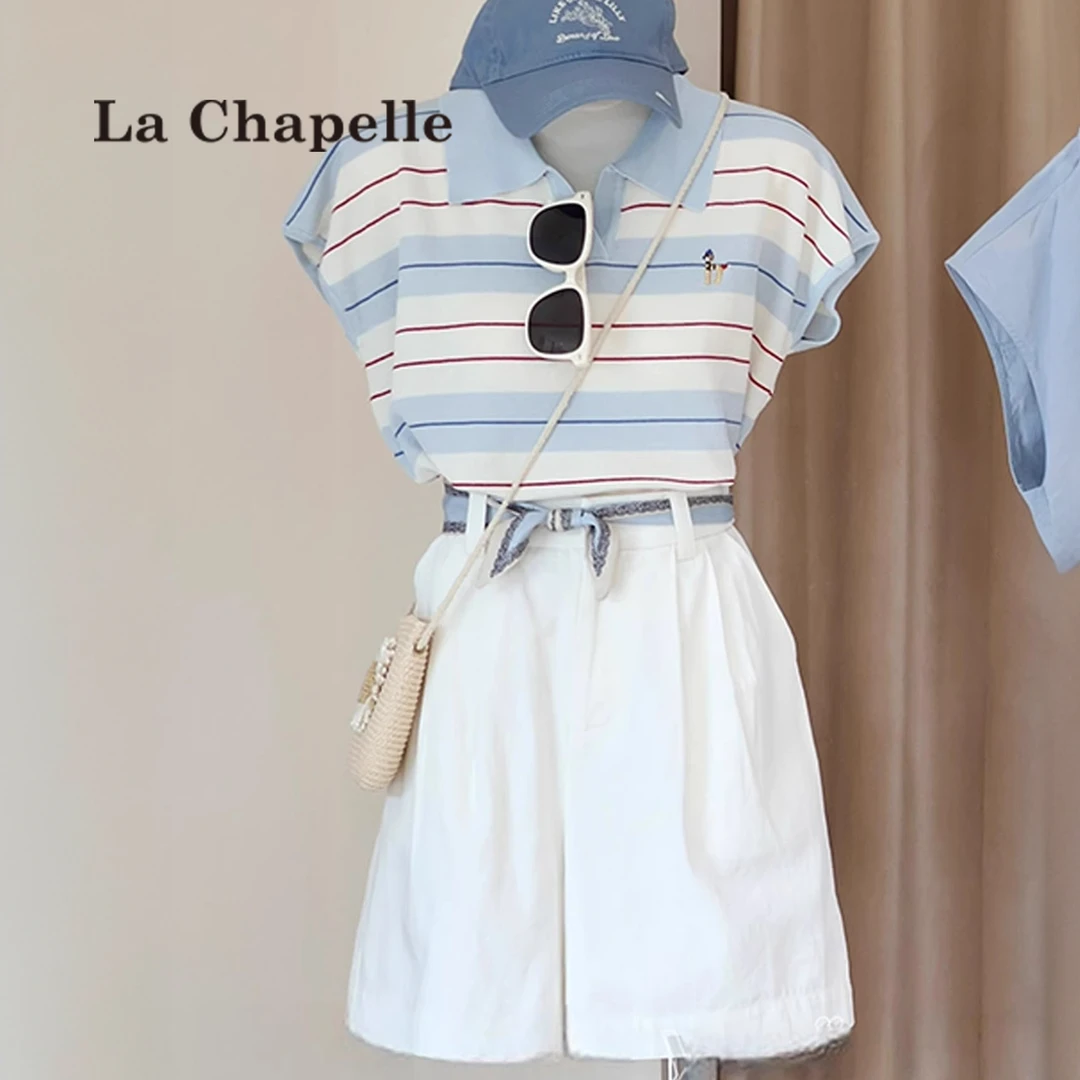 拉夏贝尔2025夏季撞色条纹polo翻领短袖T恤女独特超漂亮穿搭上衣