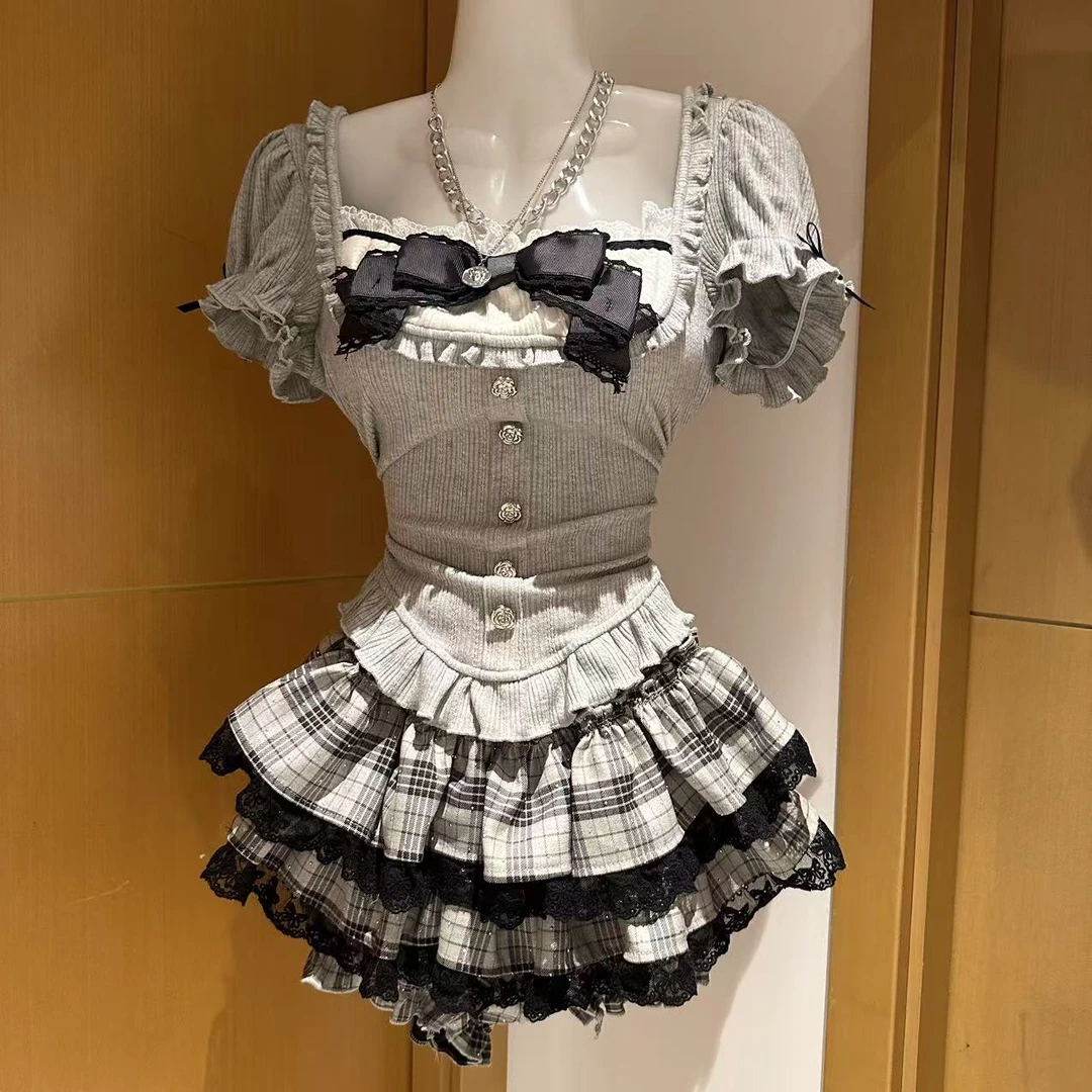 月色轻语上衣灰色辣妹短裙夏季款