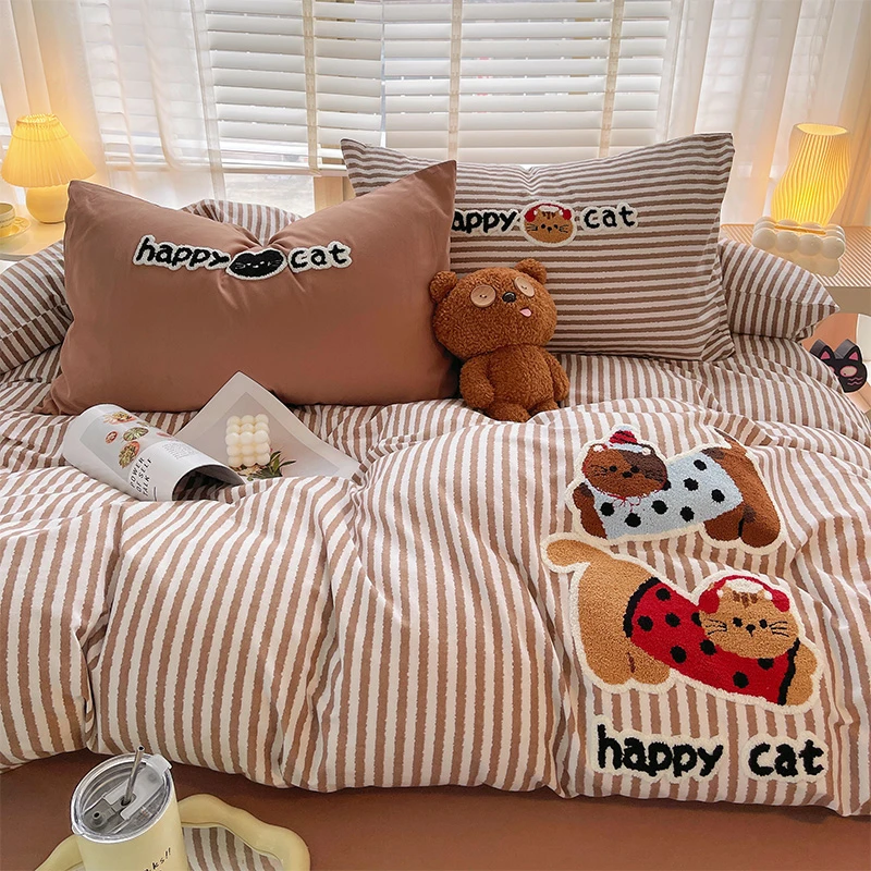 卡通风可爱波点猫毛巾绣加厚磨毛床上四件套纯棉100%全棉被套床单
