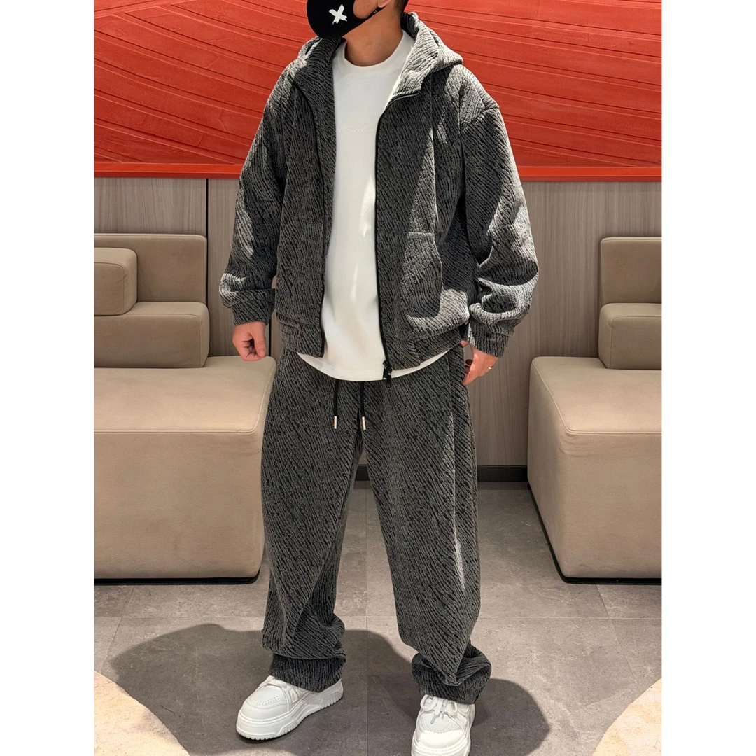 冬季新款时尚潮流高级加绒加厚斜纹质感宽松舒适垂感保暖套装5216